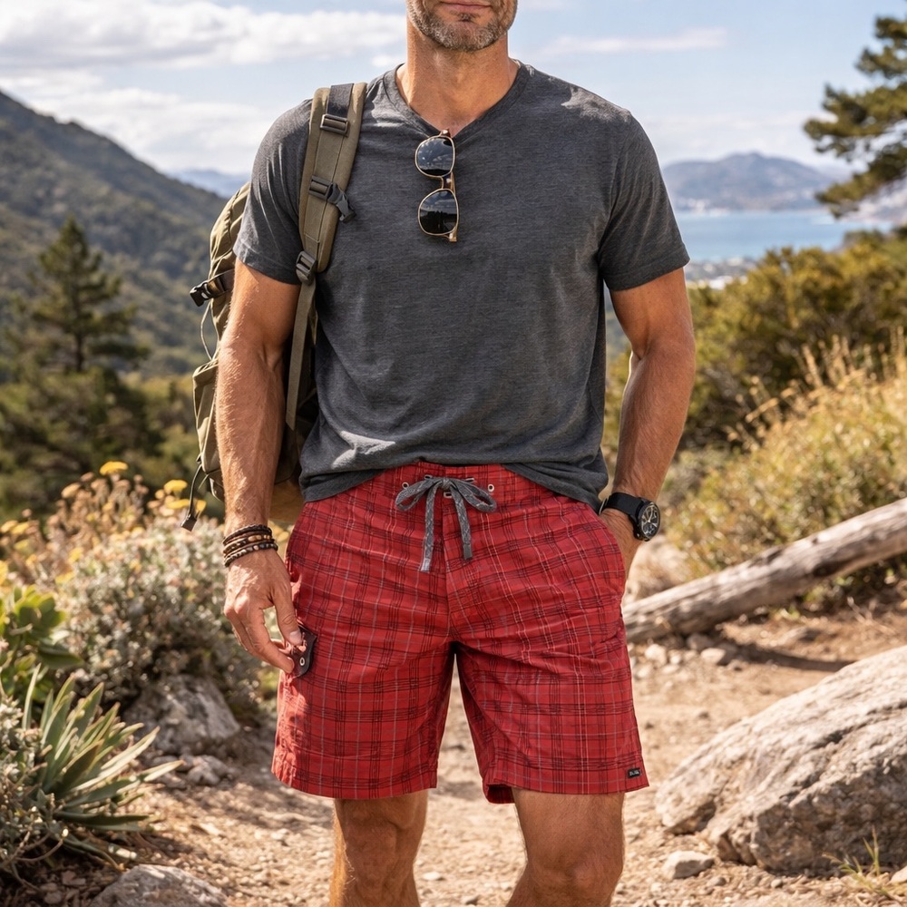 Patagonia Board Shorts Wavefarer Sz 36 Red Plaid Quick Dry Men’s Surf Beach Swim